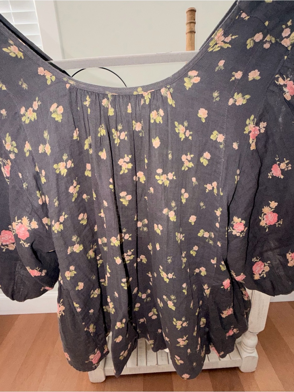 Free People Women’s Black Floral Peasant Top - Pink & Green Print